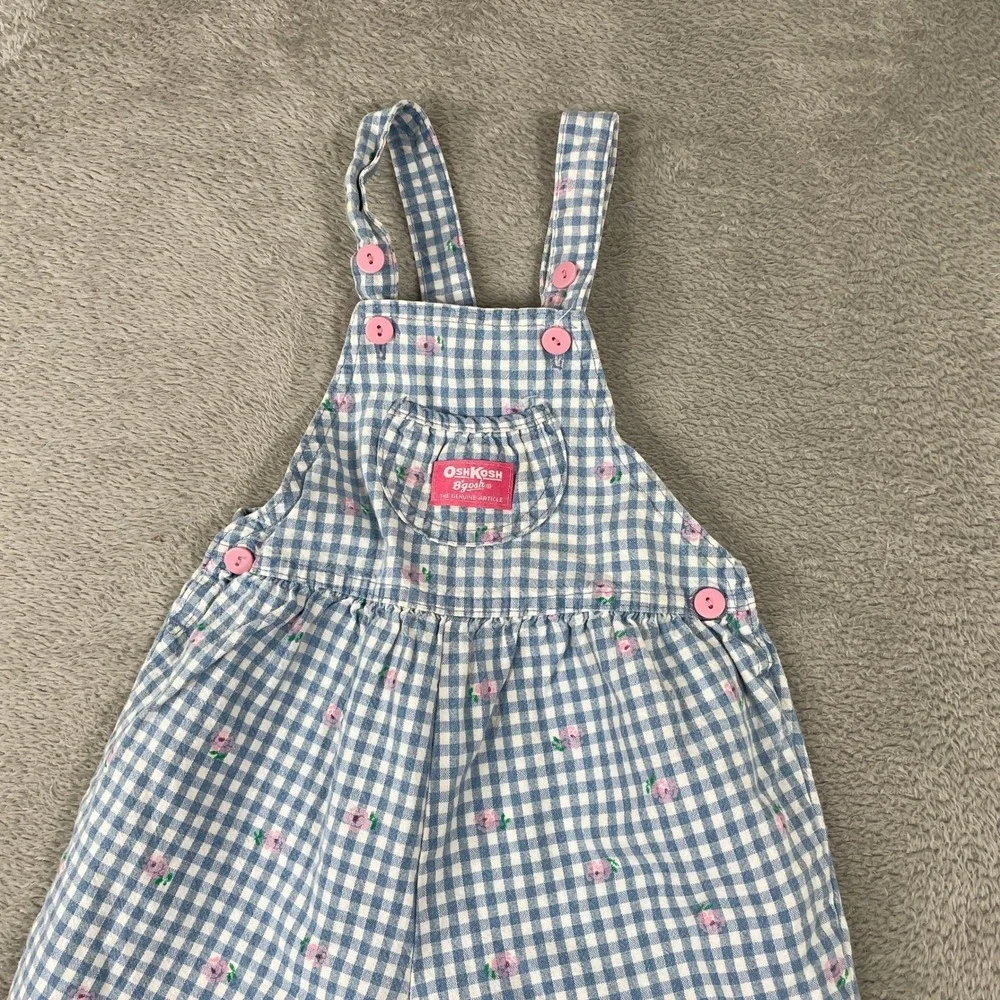 Vintage OshKosh B'gosh Overalls Kids 4T Blue Gingham Floral Vestbak Made in USA